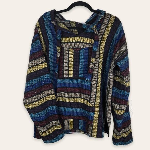 Artesanias Mickey Drug Rug Baja Colorful Striped Poncho Hoodie Rainbow - Picture 1 of 6